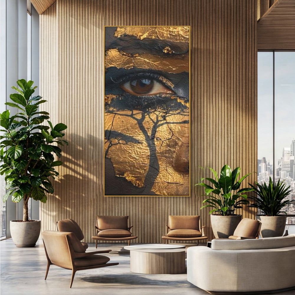 Tablou canvas cu tablou canvas cu ochi uman si arbore, in rama de aluminiu auriu, pe perete intr-un birou